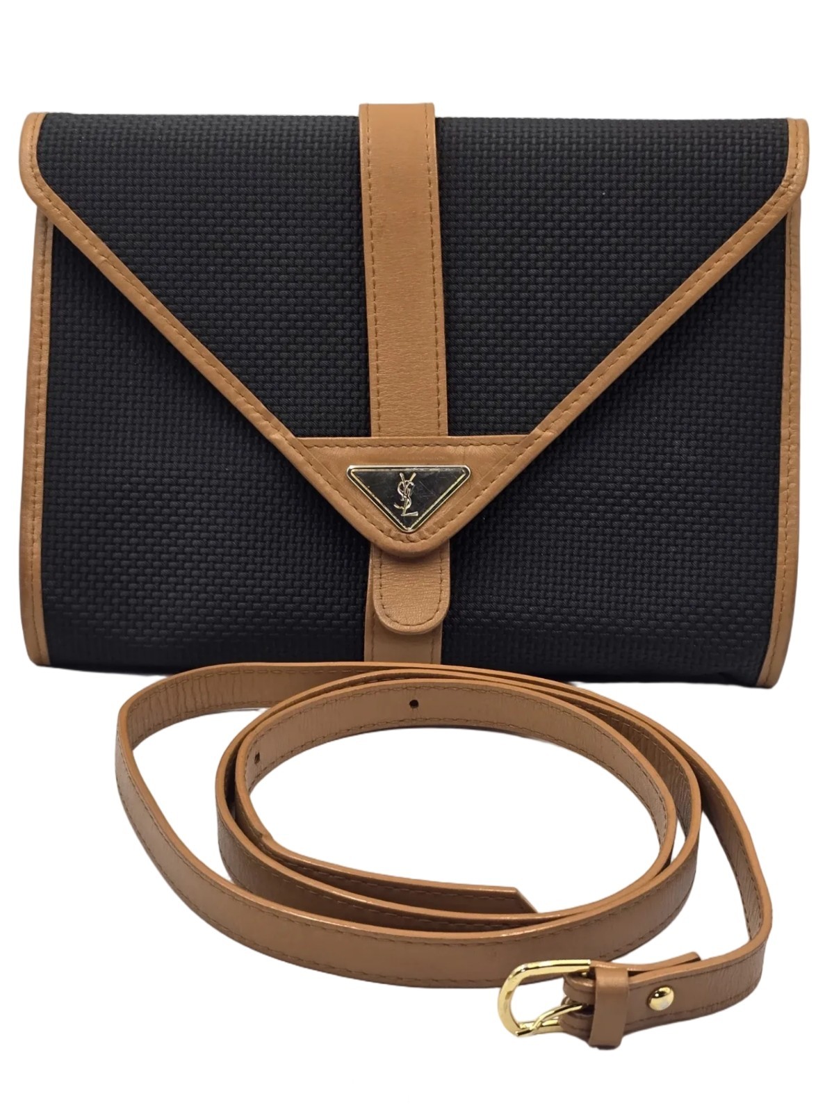 SAINT LAURENT Borsa pochette busta YSL nera e marrone con imbracatura