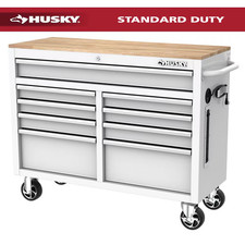 Tool Storage 46 In. W X 18 In. D 9-Drawer Gloss White Mobile Workbench Cabinet