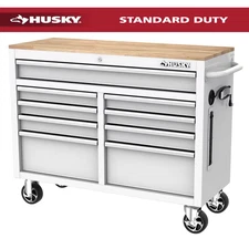 Tool Storage 46 In. W X 18 In. D 9-Drawer Gloss White Mobile Workbench Cabinet