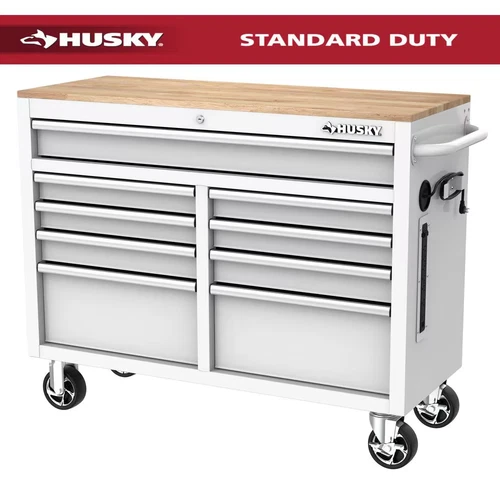 Tool Storage 46 In. W X 18 In. D 9-Drawer Gloss White Mobile Workbench Cabinet