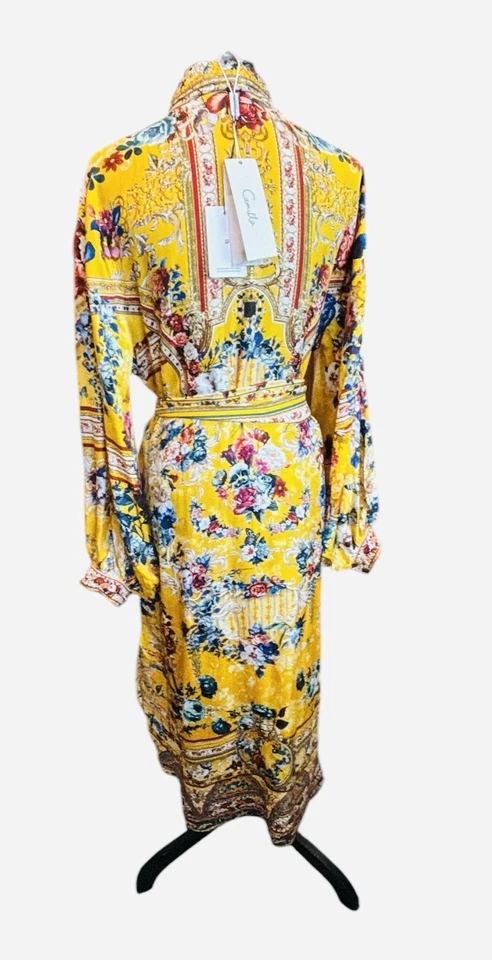 NWT $875 CAMILLA Waist Tie Shirt Dress Crowned Roses Yellow 100% Silk L - Image 4 of 4
