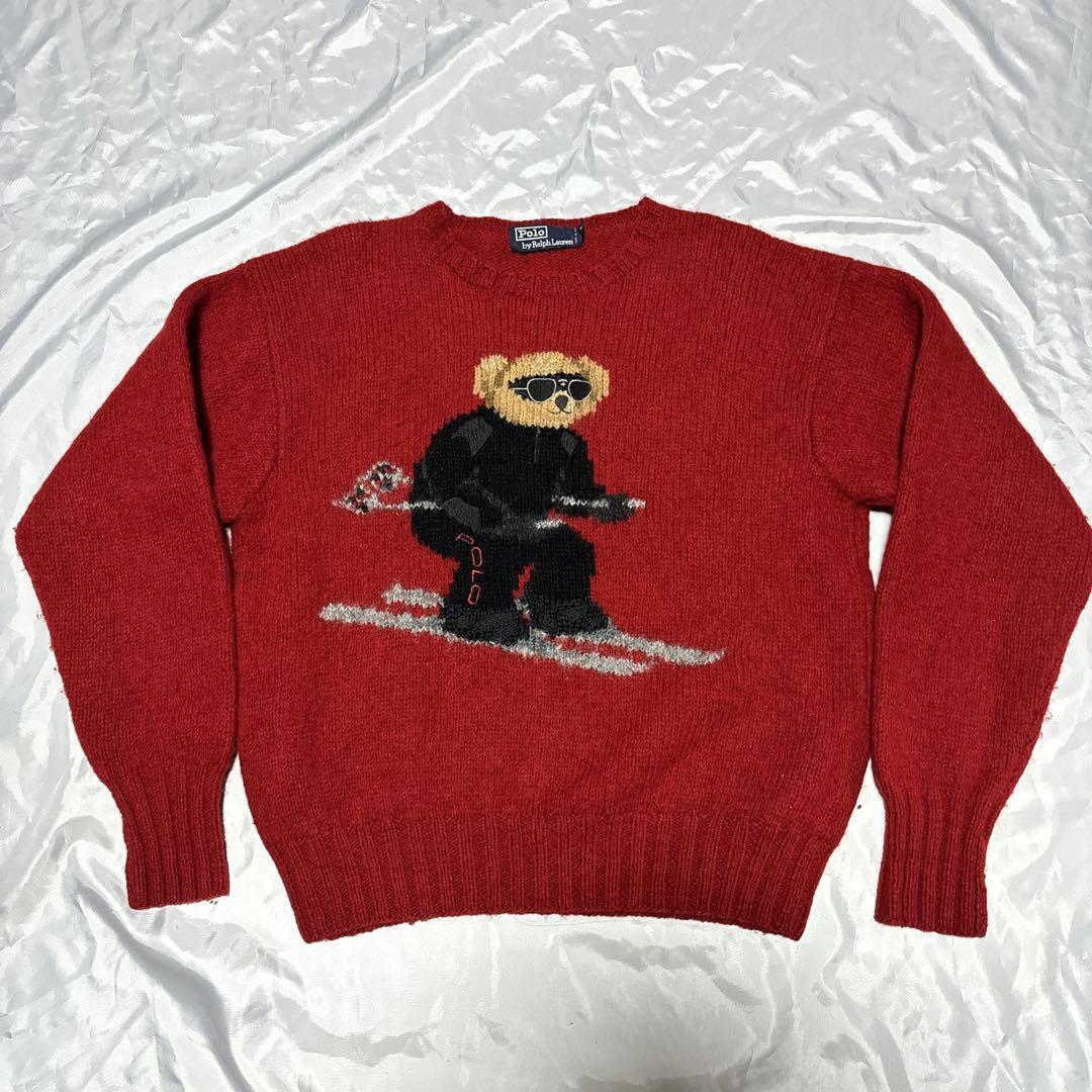 Polo Ralph Lauren Knit Sweater Red Polo Bear Ski Men Size M