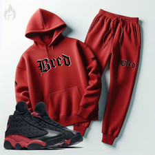 Bred Sweatsuit Red Hoodie Joggers Match Air Jordan 13 Bred Men's Black Tracksuit