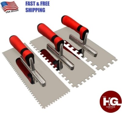 Tile Tools Stainless Steel Square Notched Trowel Set 3 PC Masonry Hand Kit