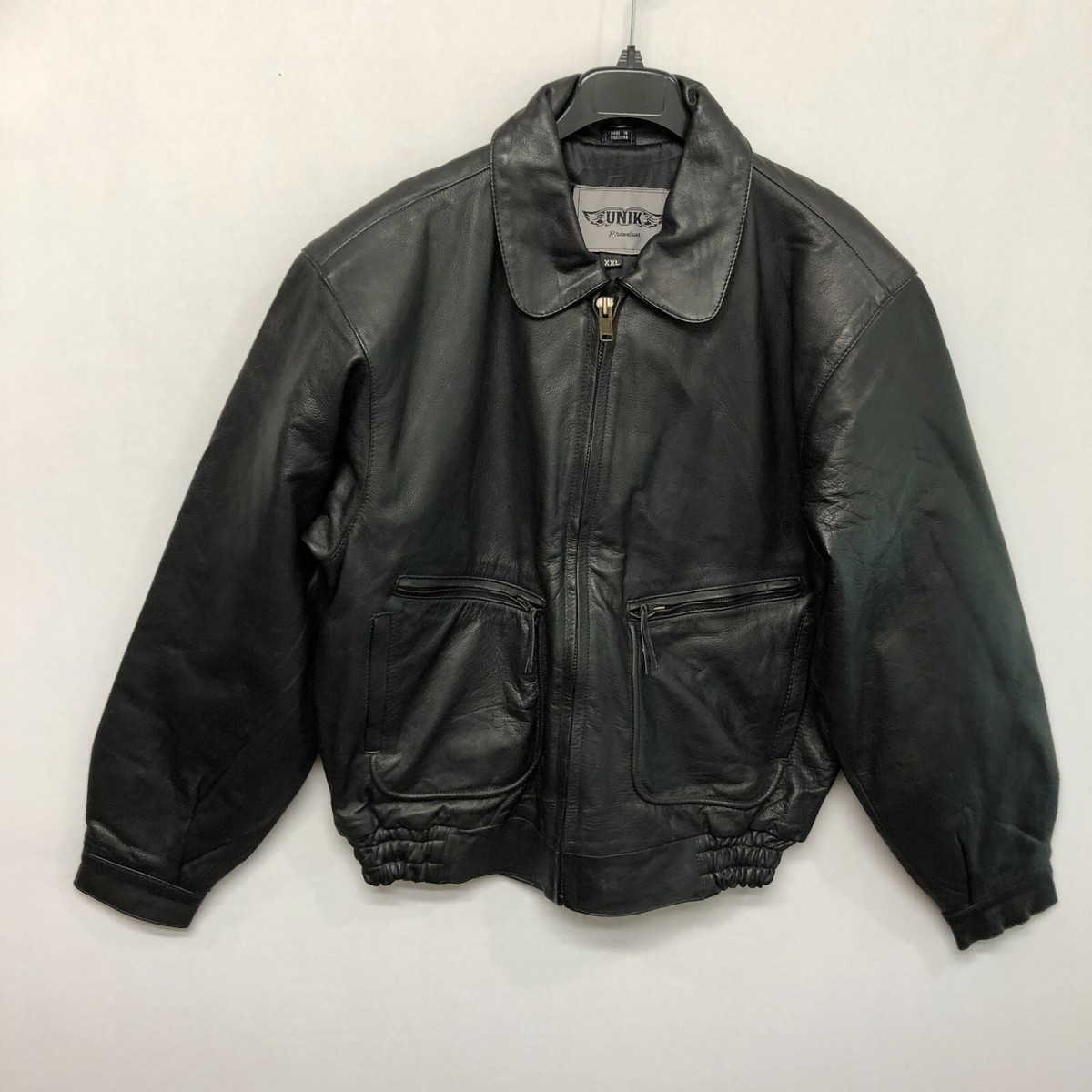 Unik Premium Men Bomber Full Zip Black Leather Jacket Size