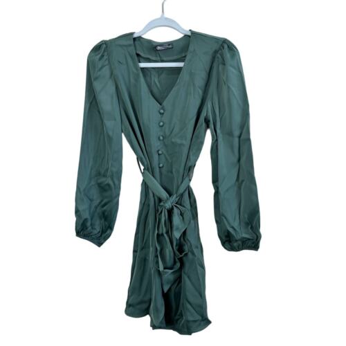NWT Women's Green Long Sleeve Button Up Shirt Dress V Neck with Sash Belt Small