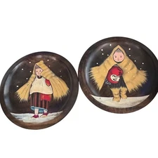 Hand Painted signed Wood Wall Art Plates Japanese Folk Art Girl Winter Vintage