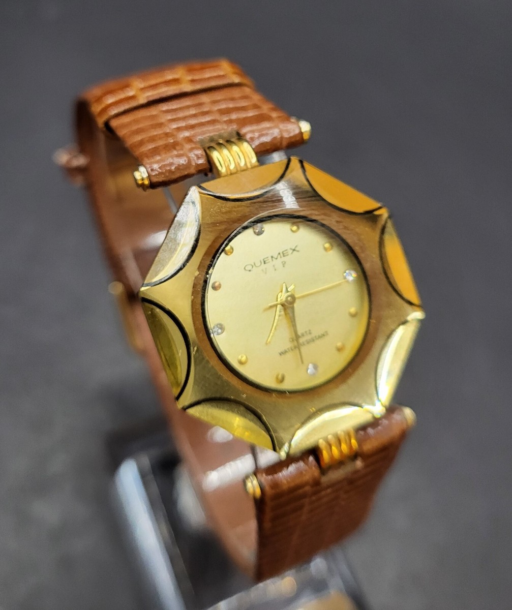 Vintage Japan Quemex VIP 18K Gold Plated Ladies 30mm Quartz Watch