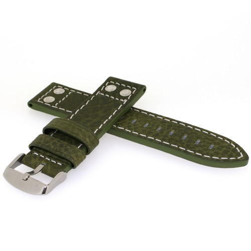 Watch Band Leather Green Pilot Aviator Style White Stitching 20mm 22mm 24mm - Picture 3 of 4