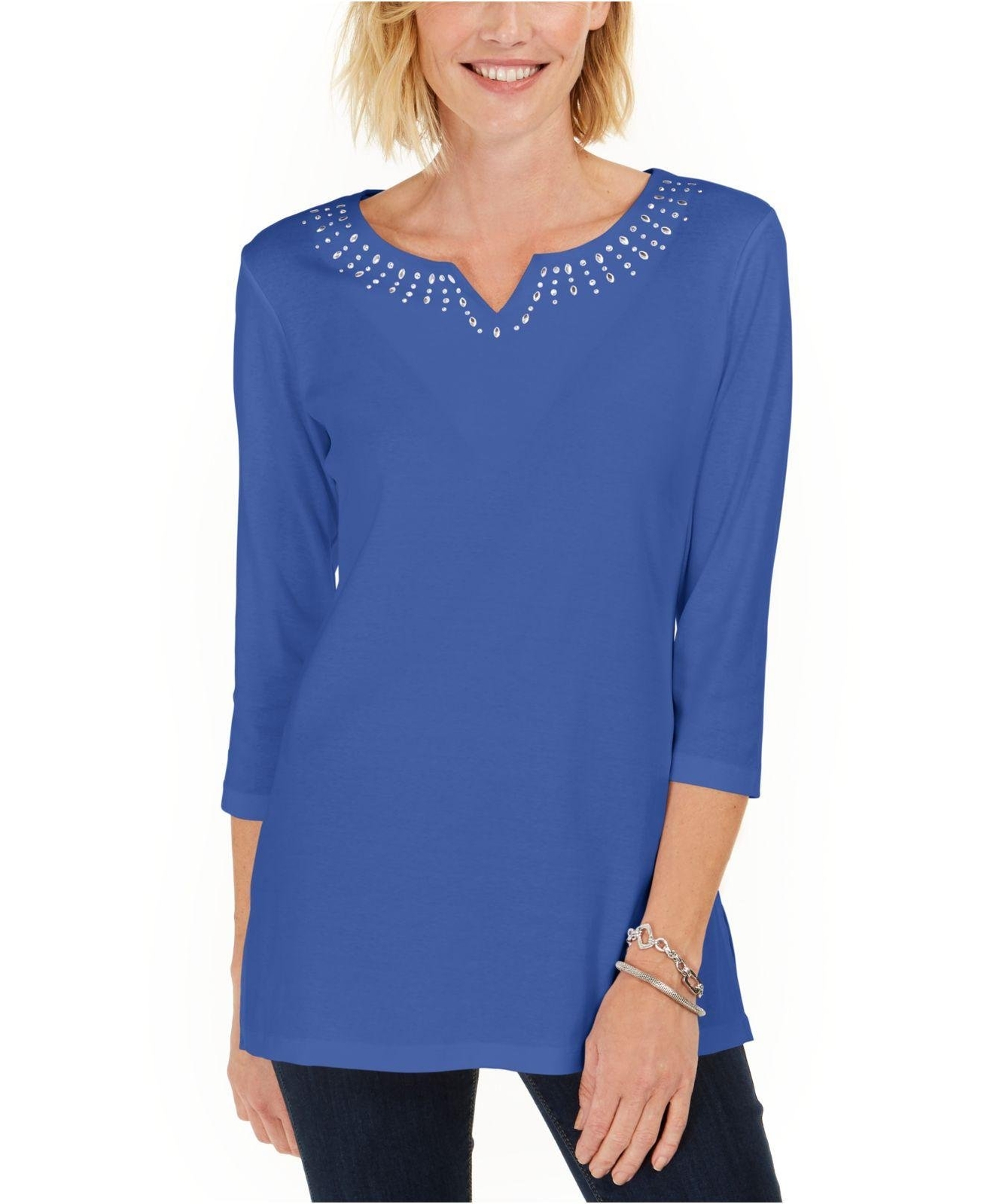 Karen Scott Women's Cotton Studded Split Neck Top Blue Size Small  732998366652 | eBay