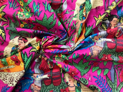 Indian Cotton Dressmaking Running Loose 20 Yard Fabric Pink Frida Kahlo Printed