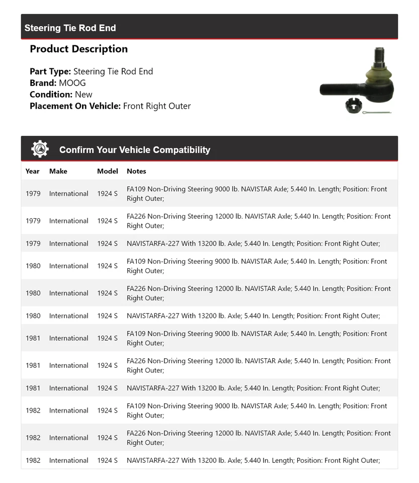 适用于 1979 - 1982 International 1924 S 转向领带杆端前右外 MOOG — 第 2/4 张图片