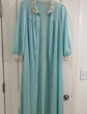 Vintage Size Small Lorraine Robe Lingerie Maxi Nylon and Lace Trim Teal Aqua