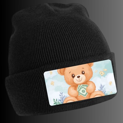 Black Cool Bear Money Print Beanie Hat - Unisex Cap, Cotton