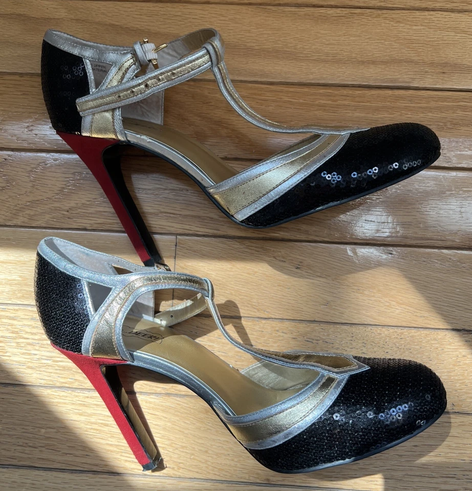 Oh… ¡CIERVO! Tacón de aguja Jamocha negro lentejuelas rojo gamuza talla 9M Foto 3 de 4