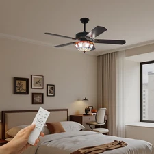 Tiffany 3-SpeedsCeiling Fan Light Lamp Dimmable LED Chandelier Pendant w/Remote