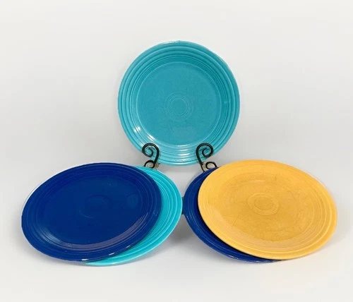 5 VTG Fiestaware Luncheon Plates 9" Turquoise Cobalt Yellow Homer Laughlin Stamp