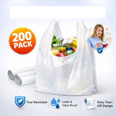 200 White Plastic Shopping Bags Handles Grocery Bag Bulk