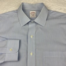 Brooks Brothers Dress Shirt Mens 16-33 Blue/White Stripes Regular Fit No Iron