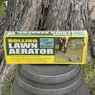 Vtg One Stop Gardens Rolling Lawn Aerator Green Steel Outdoor Yard Tool 93537