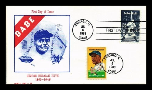 US COVER BABE RUTH & JACKIE ROBINSON BASEBALL FDC COMBO LANDS END CACHET