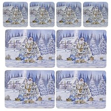 Christmas Placemats and Coaster Set Corked Back Set of 8 Santa and Snowman