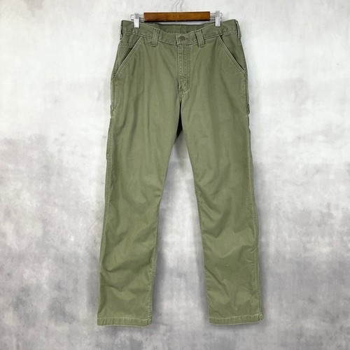 Pantalones de trabajo Carhartt para hombre 33x32 verde lona utilitario carpintero resistente calle B324