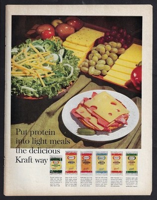 1962 KRAFT CHEESE Slices Print Ad ''Put protein into meals the delicious way''