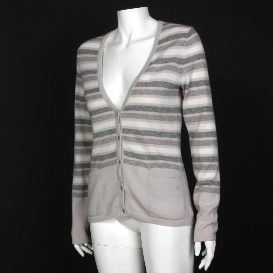 Christopher Fischer 100% Cashmere Cardigan Gray Taupe Stripe  Womens Medium 479 - Image 2 of 4