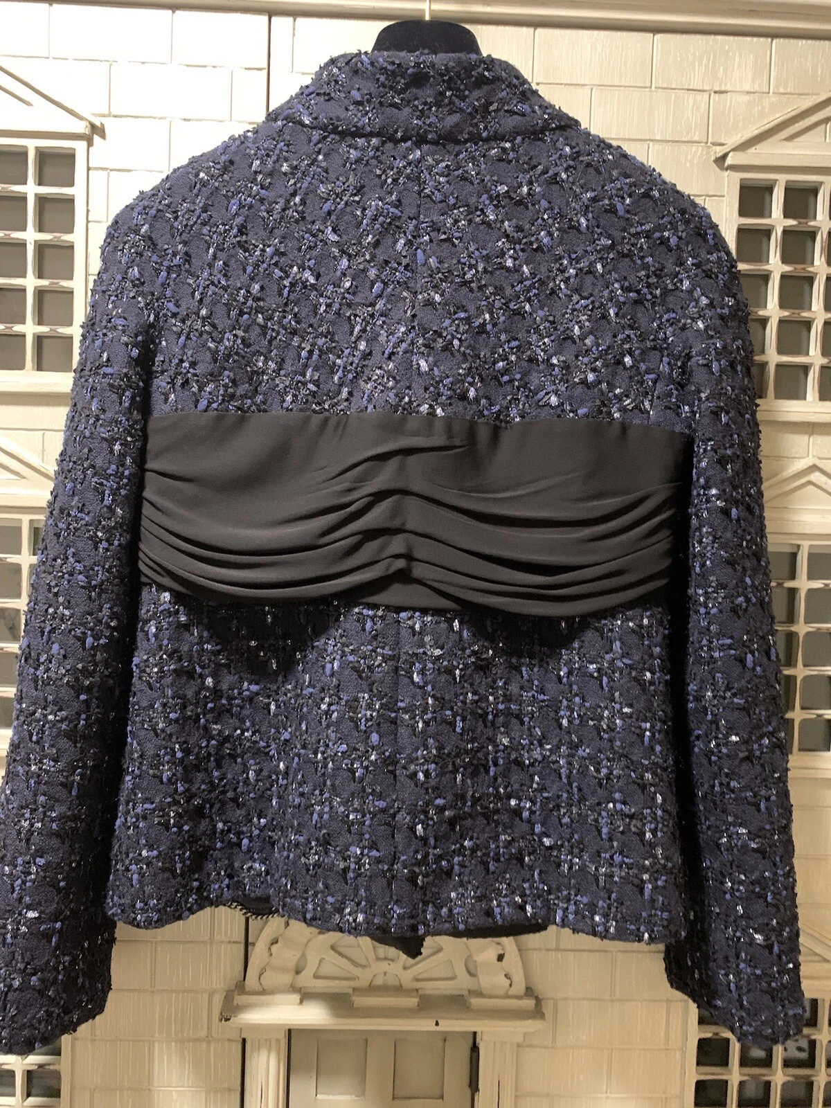 GIACCA CHANEL 16A BLU NAVY NERA PELLE BOTTONI LANA TWEED 38