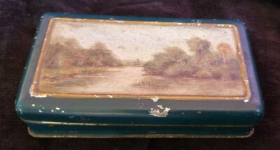 Vintage kleine Sammler Blechdose Klappdeckel Fluss / Pastoral / Grafschaftsszene
