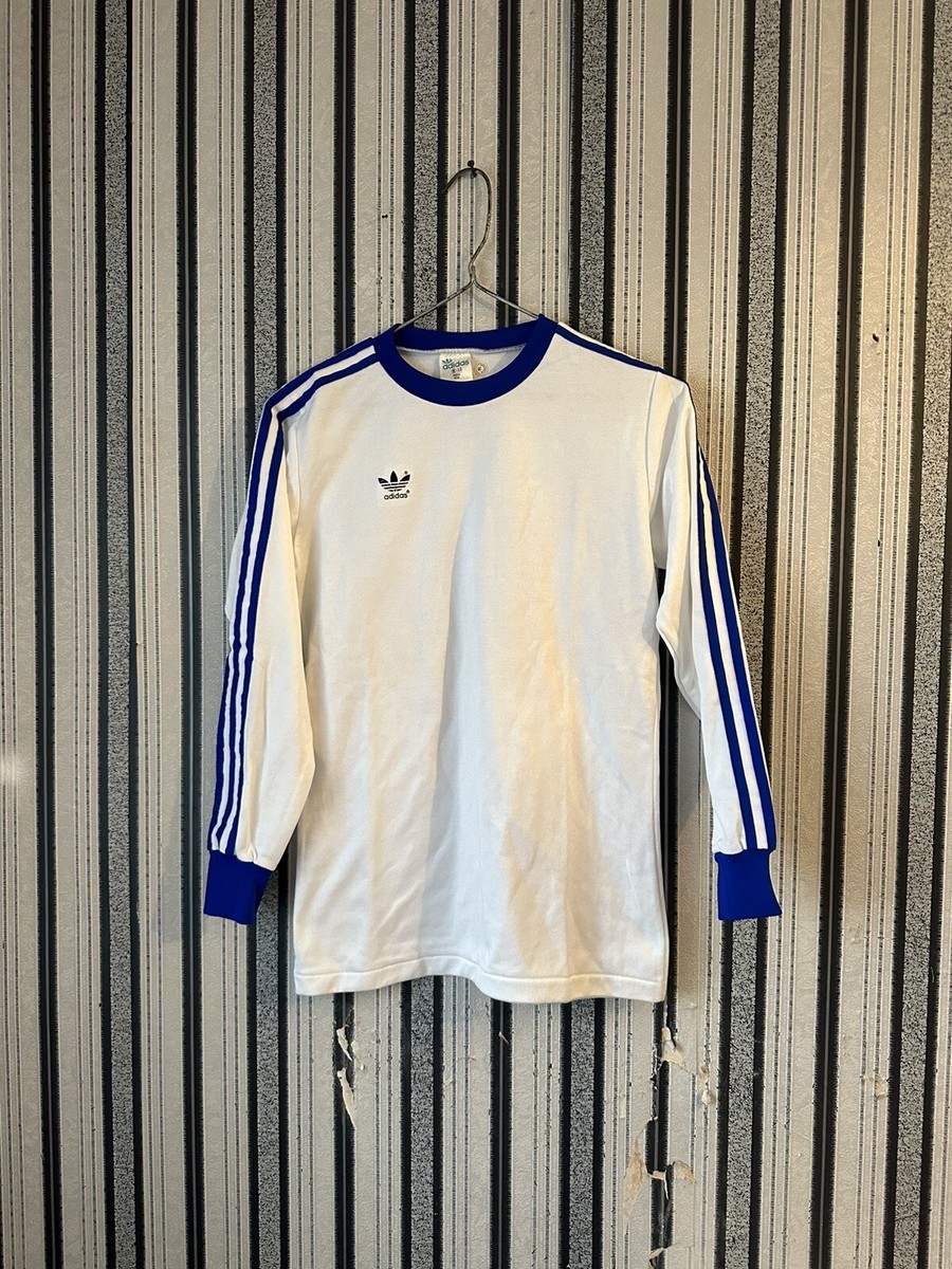 New VINTAGE 70s 80s ADIDAS FOOTBALL LONG SLEEVE BLUE JERSEY SHIRT