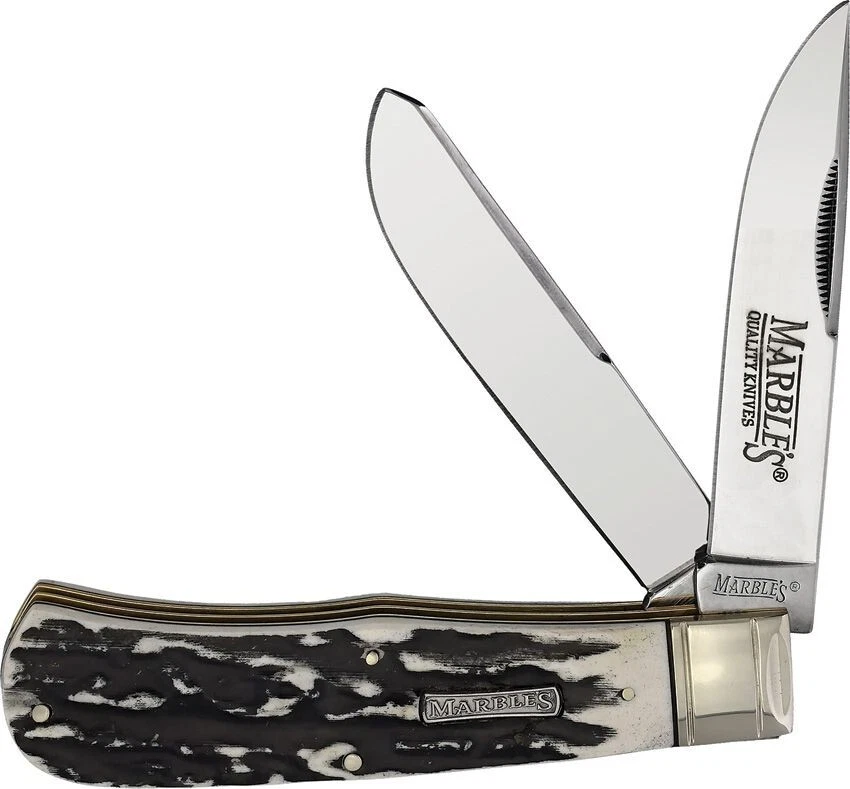 Marbles Black Stag Bone Jumbo 2 Blade Trapper Pocket Knife Folder  