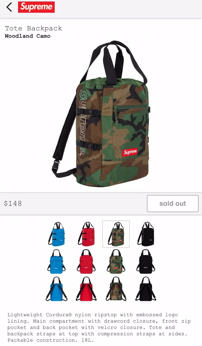 supreme tote back pack woodland camo bag