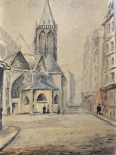 Beautiful Drawing 1920 Painting Paper Watercolour Eglise Cathedral Rue -