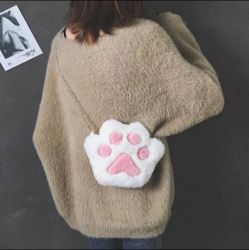 Faux Fur Cat Paw Purse Fluffy kawaii bag cross body chain zipper pocket kitten - Picture 3 of 12