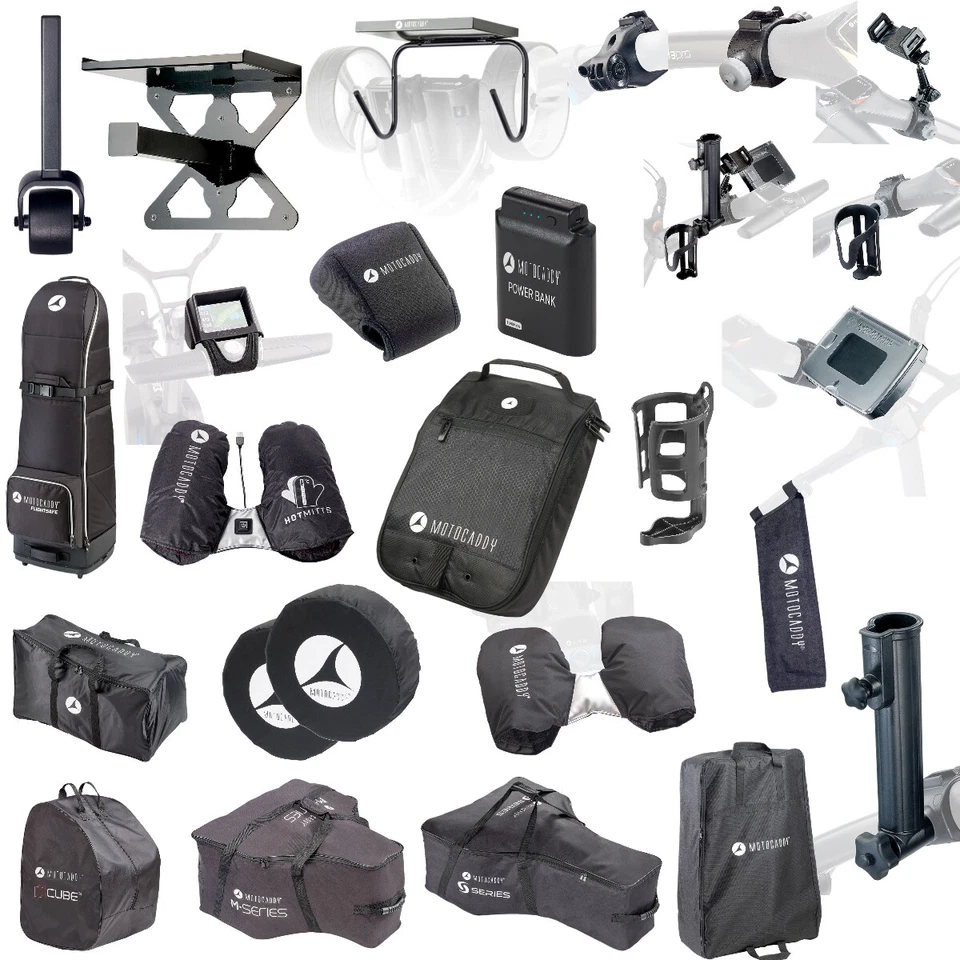 Motocaddy Golftrolley Zubehör Schirmhalter Scorekarte Hot Mitts Sitz