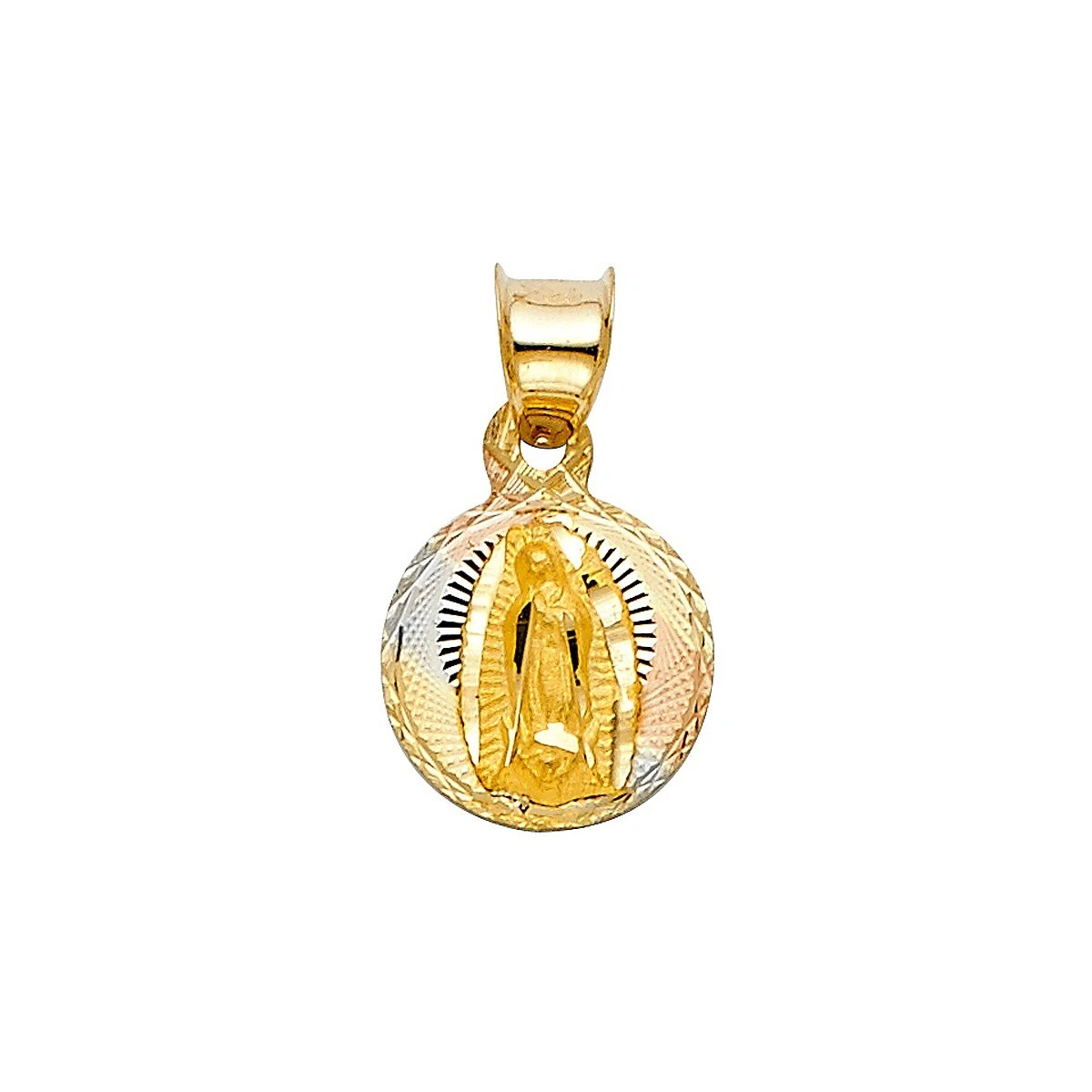 14K Tri Color Gold Diamond Cut Guadlupe Stamp Religious Pendant