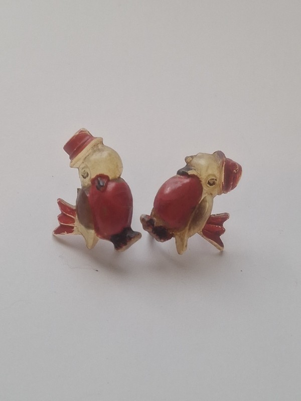 Antique Celluloid Bird Wearing a Hat Screw Back Earrings Red Clear 