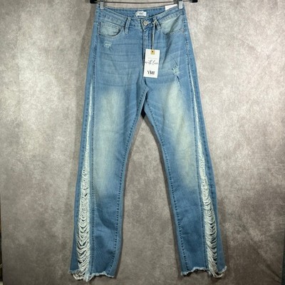YMI Jeans Womens Size 11/30 Blue Denim High Rise Flare Side Destruction NEW