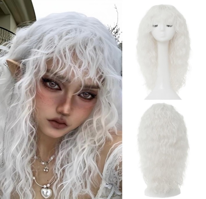 Peluca larga rizada blanca para mujeres Pelucas de cabello mullidas sintéticas onduladas Halloween Juegos con disfraces