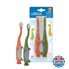 Dr. Brown's Baby and Toddler Toothbrush, Green and Orange Dinosaur 2-Pack, 1-4 Y