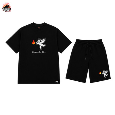 Men's Get Fire Angel Black T-Shirt Shorts Hustle Daily Casual Wear Streetwear