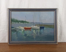 Harbor Oil Painting, Sailboats on Water, Original Coastal Impressionist Scene