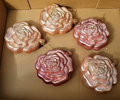 5er Set Weihnachtsschmuck rosa Rose Blume Glas Vintage - Bild 1 von 9
