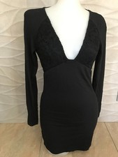 NEW Bebe Black Long Sleeve Lace Inset V Neck Open Back Bodycon top dress XS