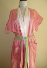 Vintage 80's Fernando Sanchez Pink White Long Cotton Nylon Belted Robe USA M/L