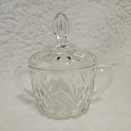 VINTAGE ANCHOR HOCKING PINEAPPLE PRESCUT GLASS SUGAR BOWL WITH LID (1909)