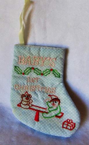 Vintage Pink Blue Polka Dot Baby's 1st Christmas Stocking 6" Handmade See Saw - Picture 2 of 4