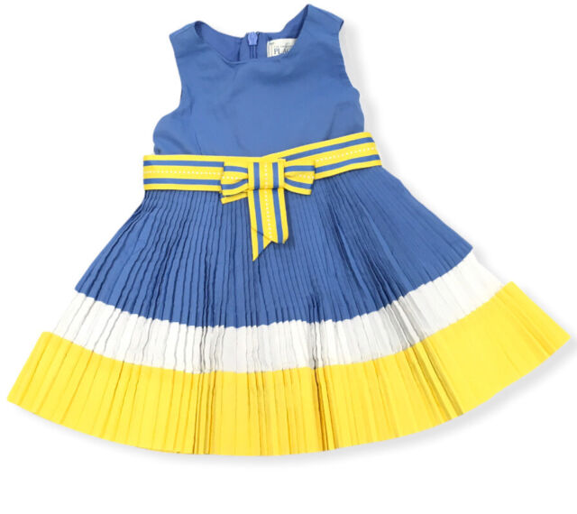 The Childrens Place Sundress Baby Girl 6/9 Month Pleated Blue Yellow Belted